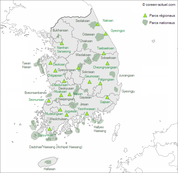 Carte des parcs en Corée du Sud